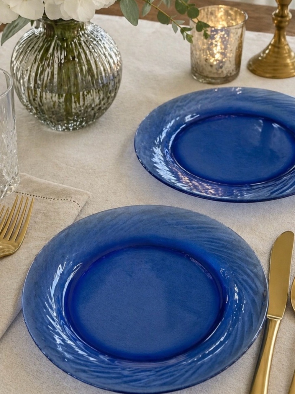 Vintage Pyrex Cobalt Blue Glass Charger Plates Set of 2 12” Ribbed Swirl